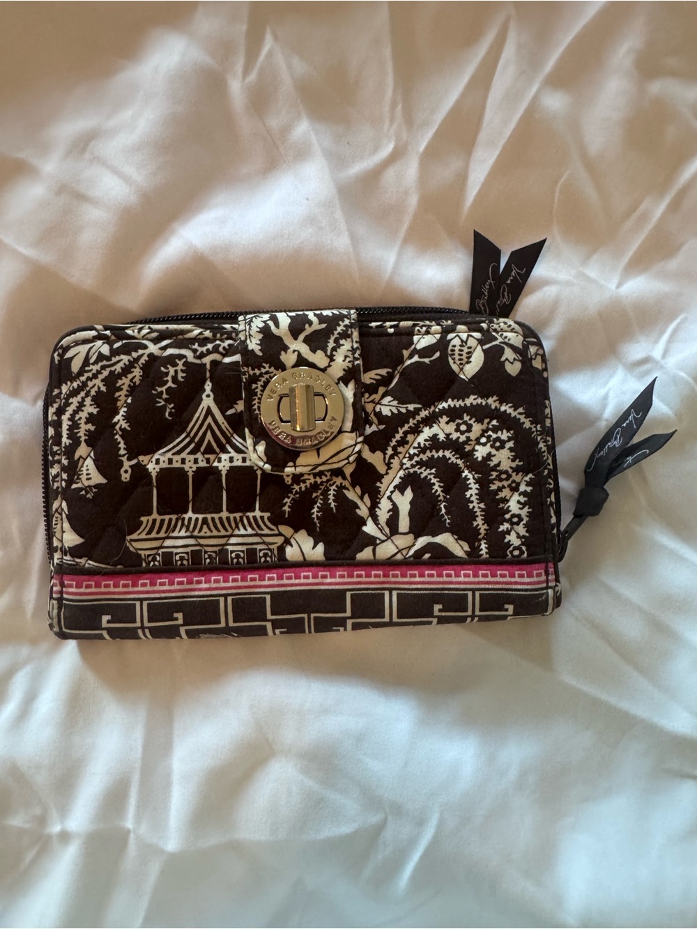Vera Bradley Brown, White & Pink Quilted Turn-Lock Zip Wallet